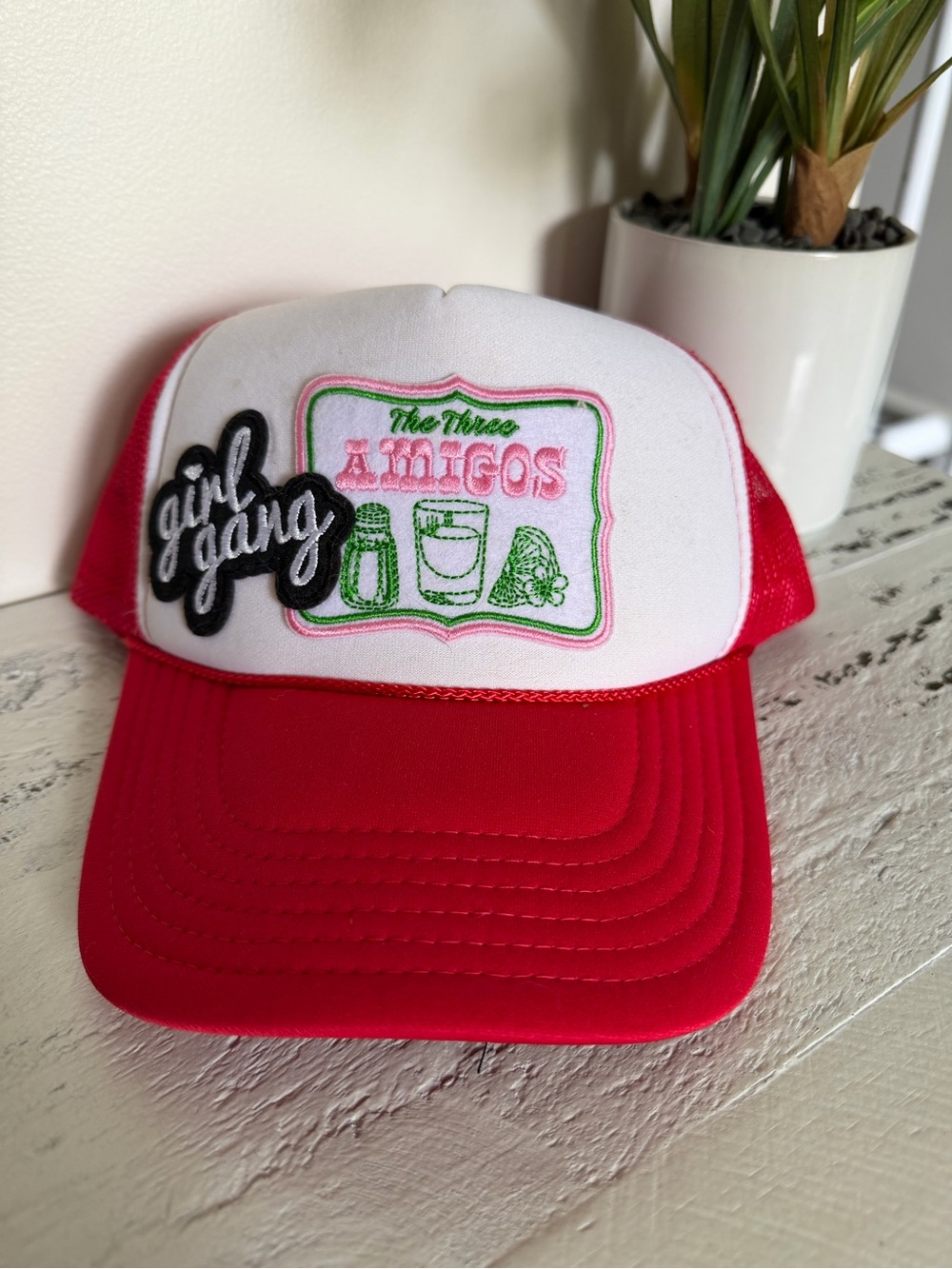 Red and White 'The Three Amigos' Embroidered Trucker Hat